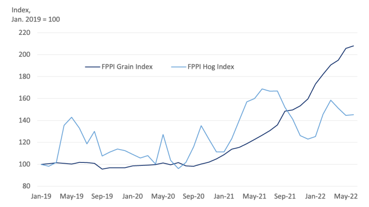 Chart showing: Figure 4: Hog prices show more volatility than grain prices
