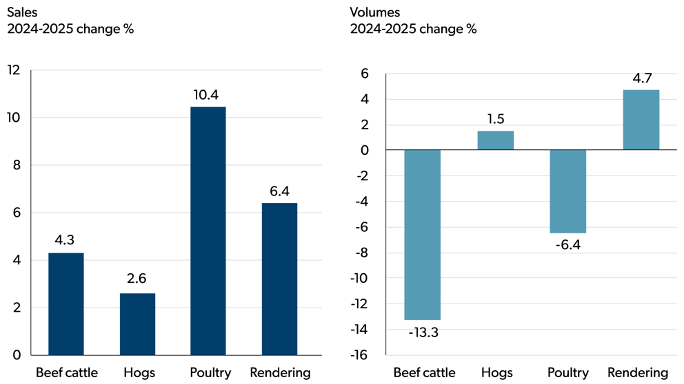 Two bar charts showing sub‑sector sales and volume changes between 2024 and 2025. Sales increase across all sub‑sectors, with the largest growth in poultry, followed by rendering and beef cattle. Volumes decline for beef cattle and poultry, while hogs and rendering show volume increases.
