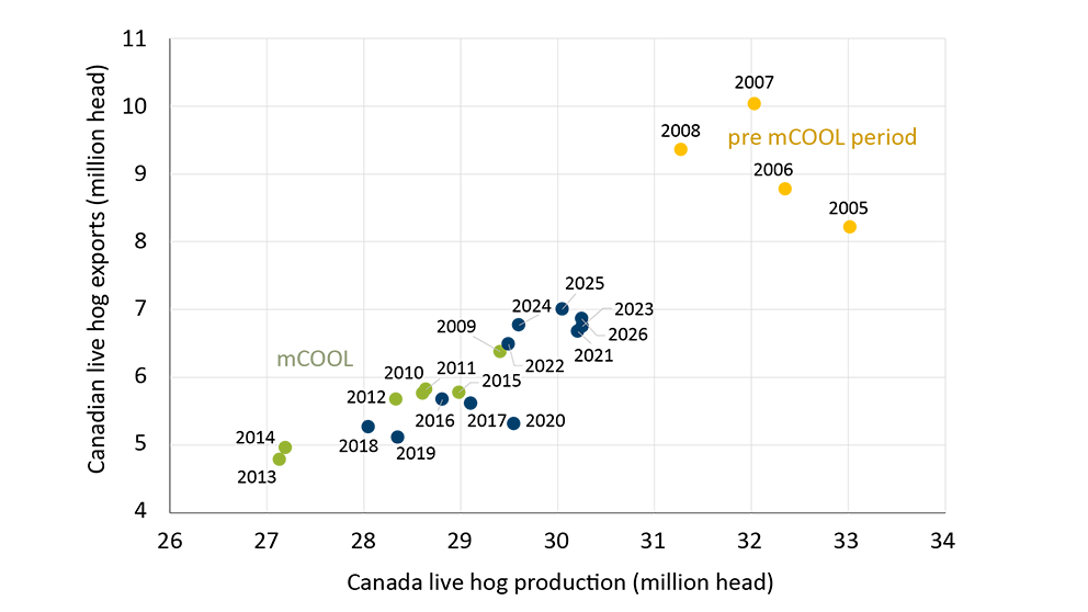 Scatter plot showing the strong relationship between Canadian hog production and exports of live hogs. Prior to mandatory country of origin labelling, Canada had higher production and exports of live hogs.
