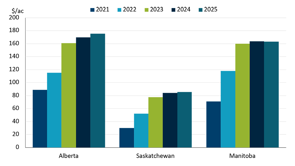 Bar chart showing the advantage in cashflow for Alberta, Saskatchewan, and Manitoba producers renting farmland verse newly purchased. Since 2021, the advantage in profitability has increased in all the listed provinces.
