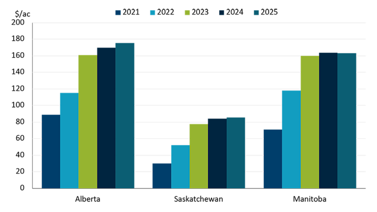 Bar chart showing the advantage in cashflow for Alberta, Saskatchewan, and Manitoba producers renting farmland verse newly purchased. Since 2021, the advantage in profitability has increased in all the listed provinces.