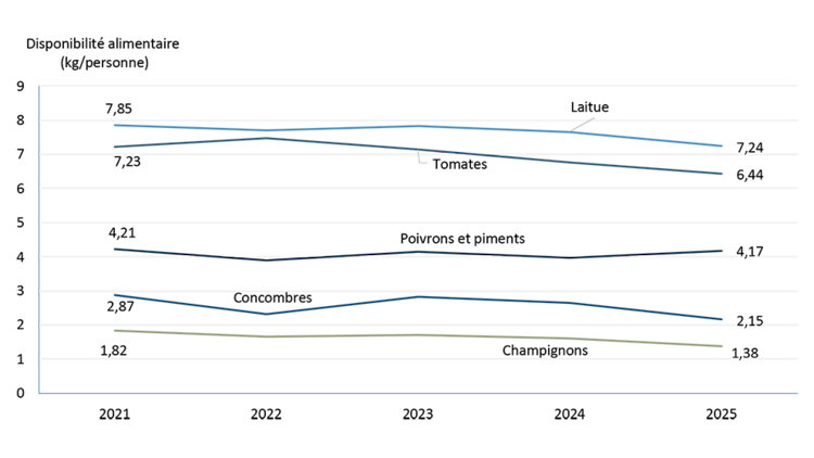 Graphique linéaire montrant la disponibilité des légumes frais par personne, qui a diminué de 2020 à 2025 pour certains légumes, la disponibilité totale ayant chuté à 61,8 kilogrammes en 2025, ce qui représente une septième baisse annuelle consécutive.