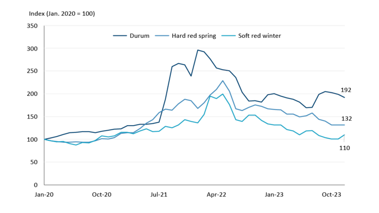 Graph showing how different wheat variety prices have eased from their 2022 highs.