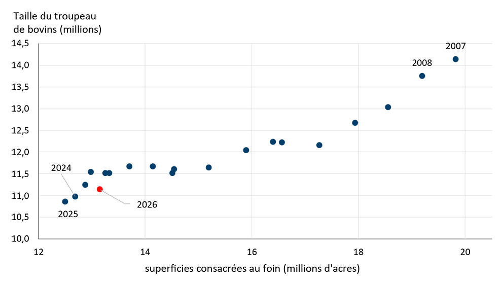 Graphique linéaire illustrant le rapport entre les superficies consacrées au foin et la taille du cheptel bovin.

