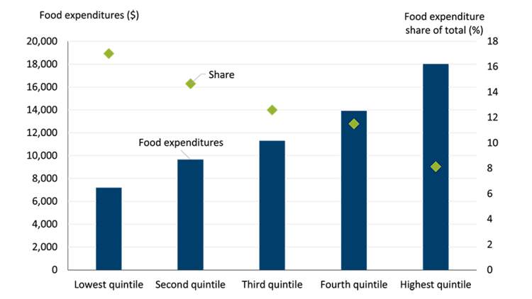 Bar chart showing food expenditures and their share of total spending across Canadian income quintiles. Bars represent dollar amounts spent on food, increasing with income. Green diamond markers show food expenditure as a percentage of total spending, highest for the low-income quintile and lowest for the highest income quintile.
