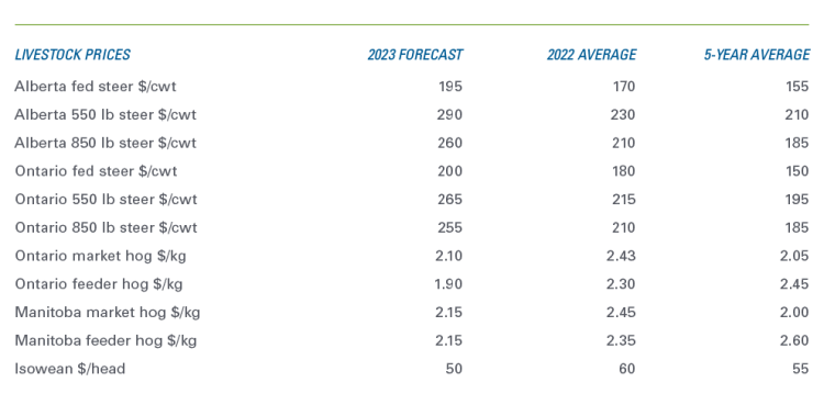 Table showing forecasted prices for Alberta and Ontario steers and Ontario and Manitoba market and feeder hogs.
