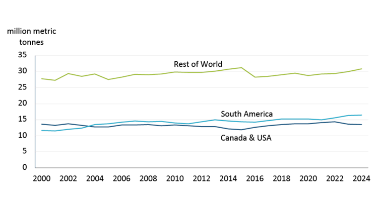 Figure 2 shows that global beef production has been occurring outside of Canada and the United States, with South America growing strongly.