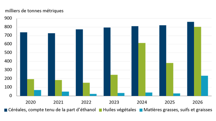 Depuis 2023, l’utilisation d’huiles et de graisses végétales, de suifs et de graisses s’accroît à un rythme plus rapide que celle de céréales.