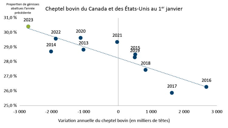 Graphique montrant le figure 1 : Graphique à nuages de points et ligne de tendance de la proportion de génisses abattues illustrant la contraction prévue au 1er janvier du cheptel bovin de 2023
