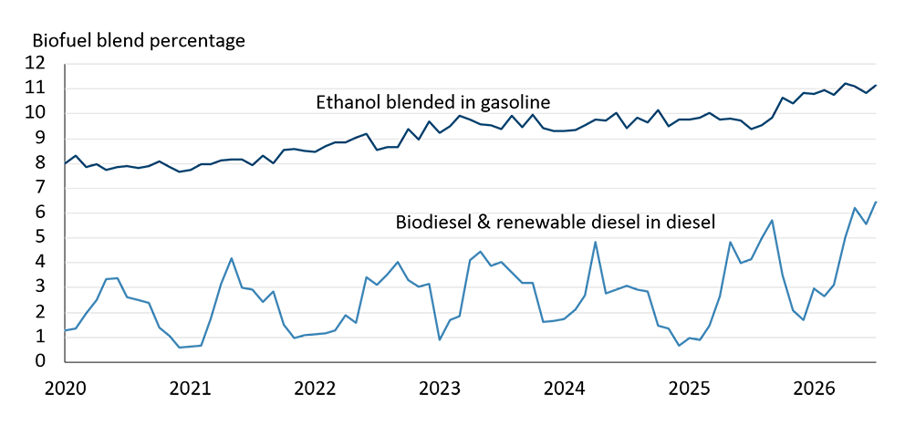 Figure showing ethanol blended in gasoline has been increasing since 2020 while biodiesel and renewable diesel blend is seasonal.
