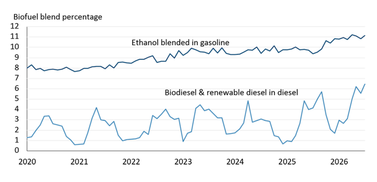 Figure showing ethanol blended in gasoline has been increasing since 2020 while biodiesel and renewable diesel blend is seasonal.