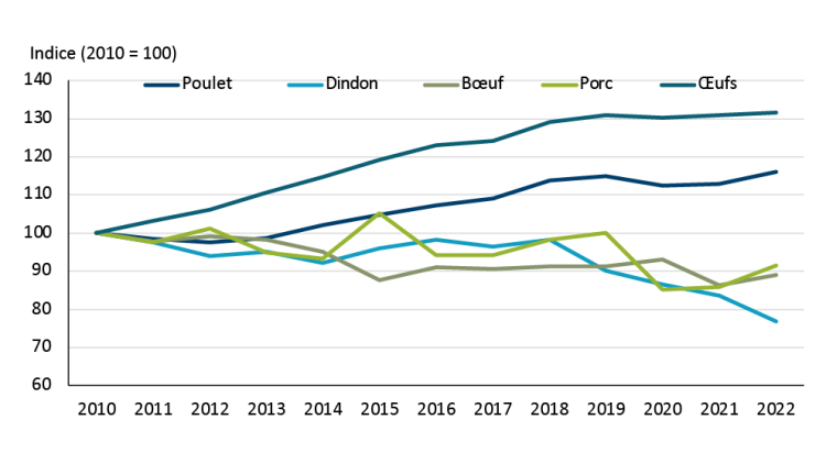 Figure illustrant la consommation de protéines de viande par habitant au Canada entre 2010 et 2022.
