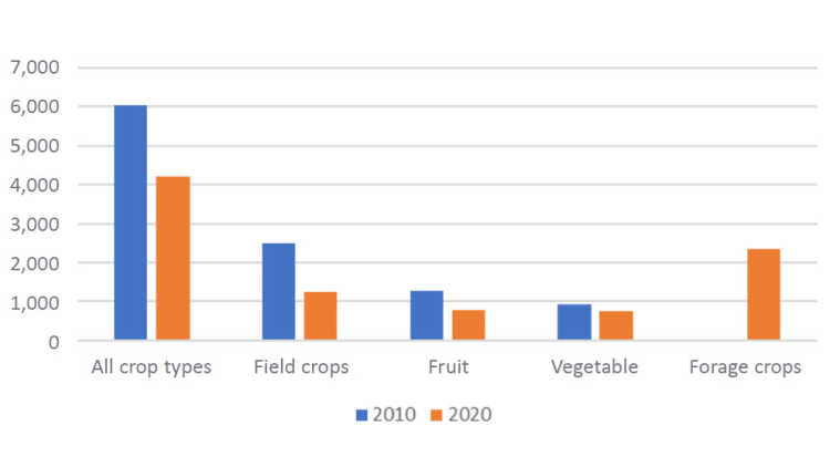 Chart showing the number of Canadian farms using sprinkler irrigation by crop type
