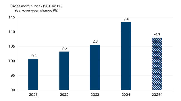 Bar graph showing forecast of reduced margins in 2025.