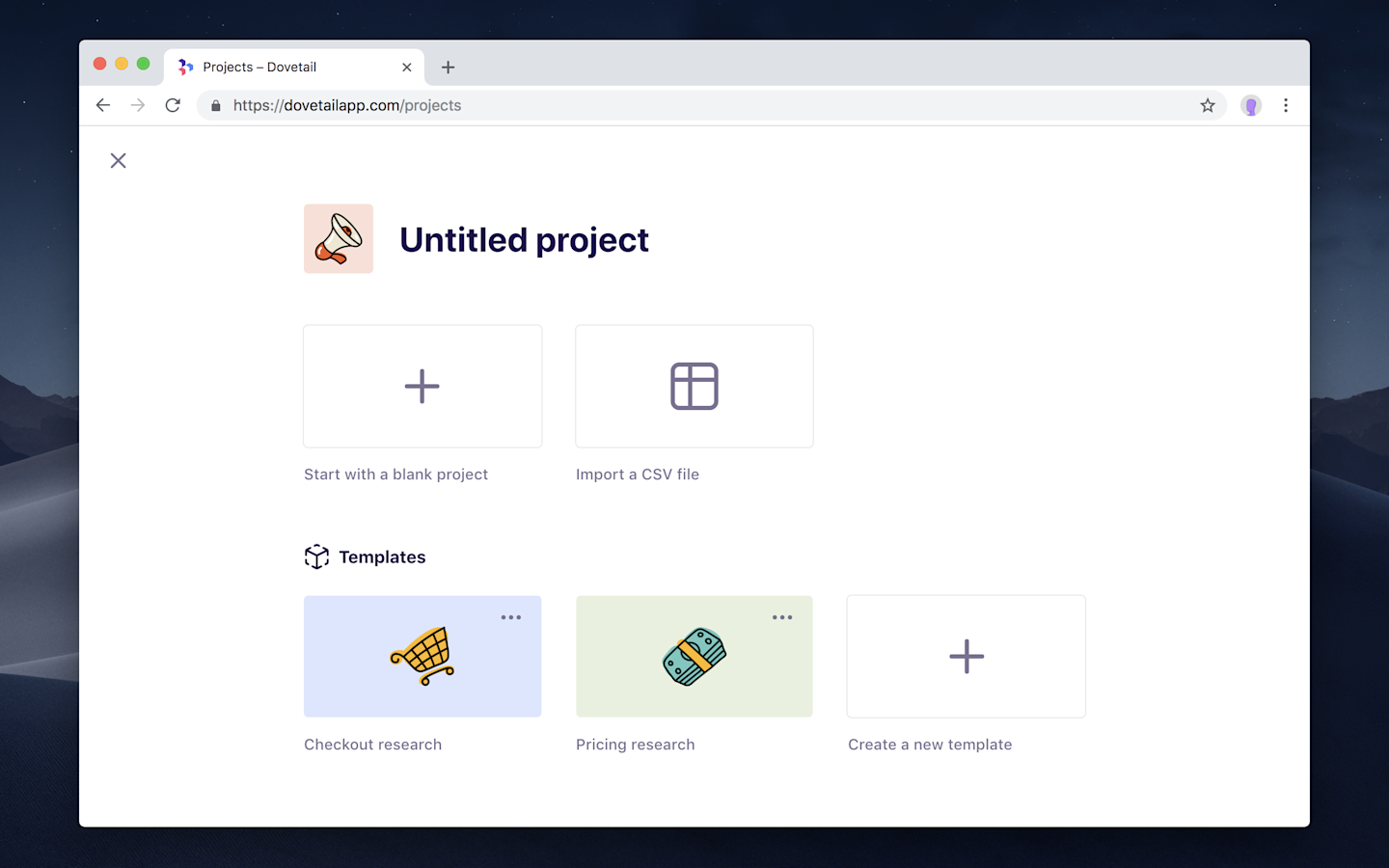 Screenshot of project templates in Dovetail.