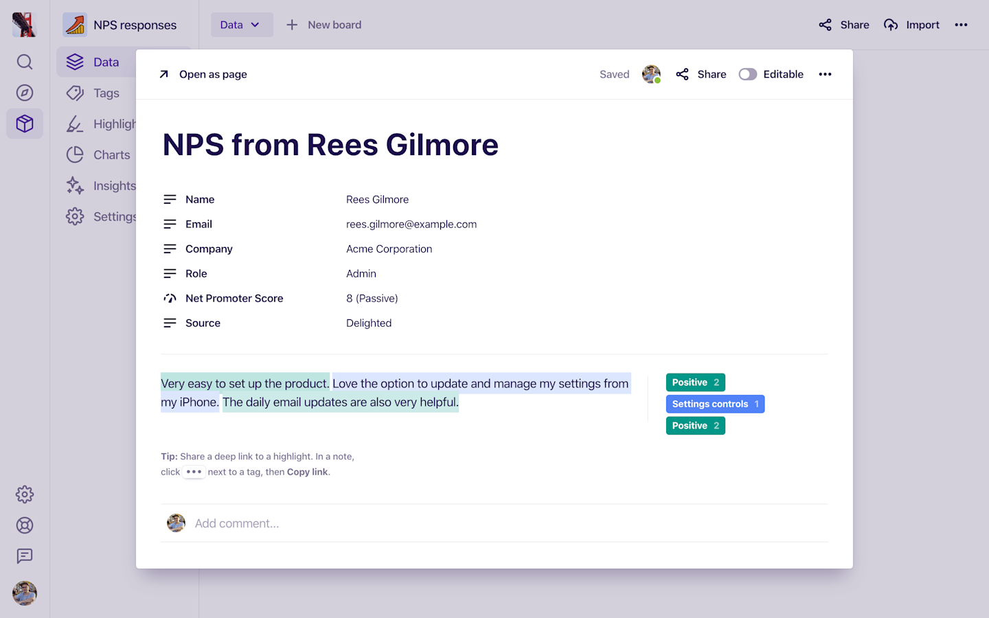 An example of fields being used for a Net Promoter Score response in Dovetail.