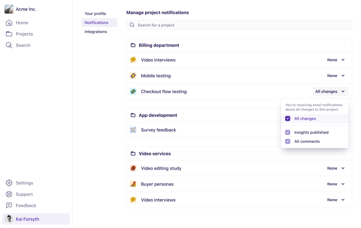 Screenshot of managing notification preferences in Dovetail