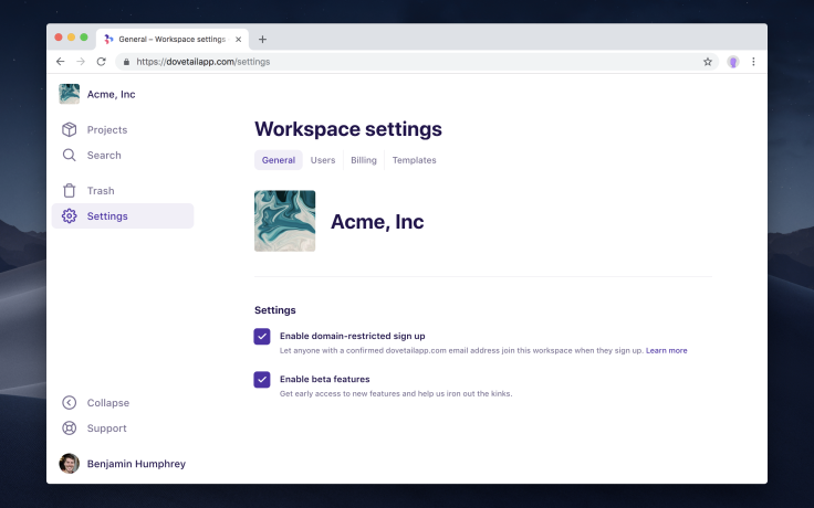 Screenshot of project settings in Dovetail.