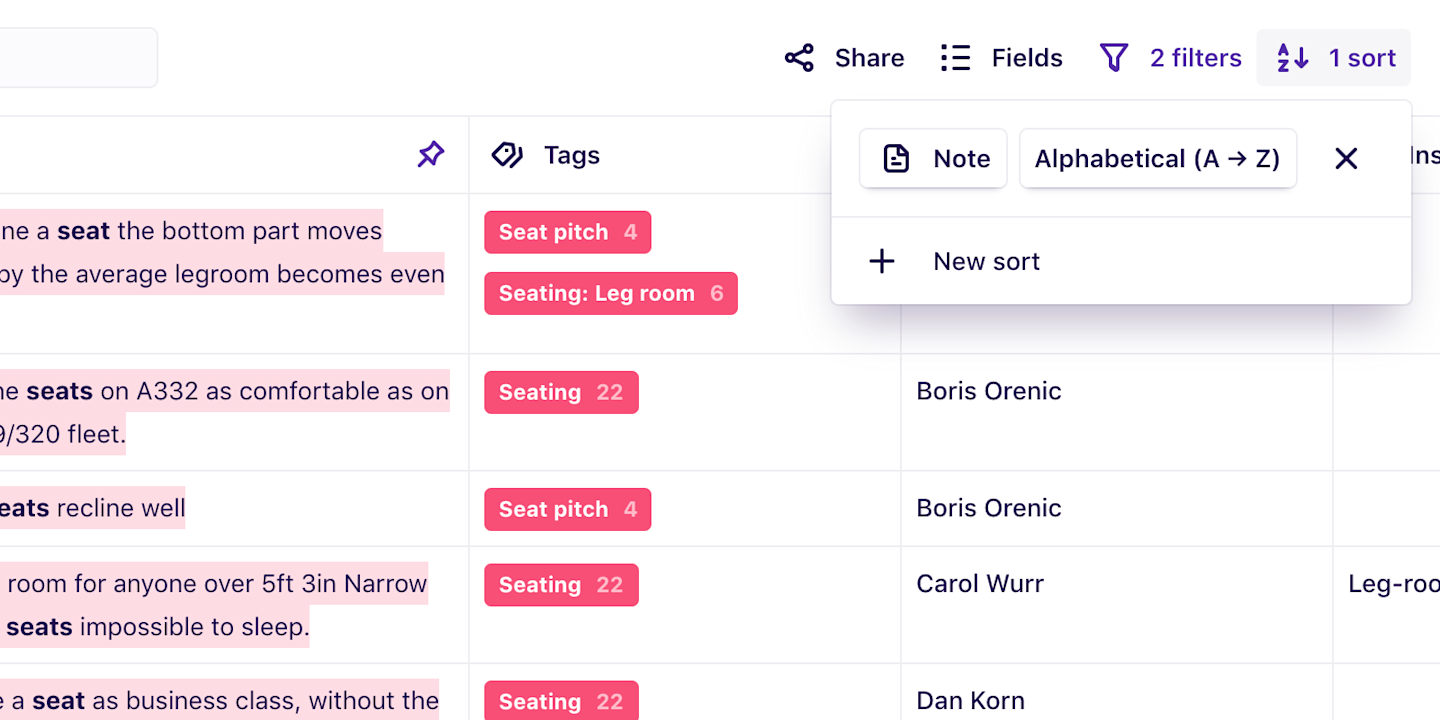 Screenshot of sorting the highlights view in Dovetail.