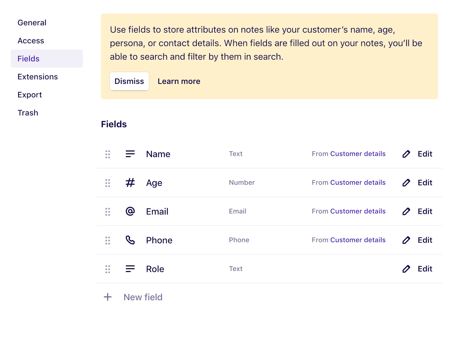 Settings for configuring fields in Dovetail.