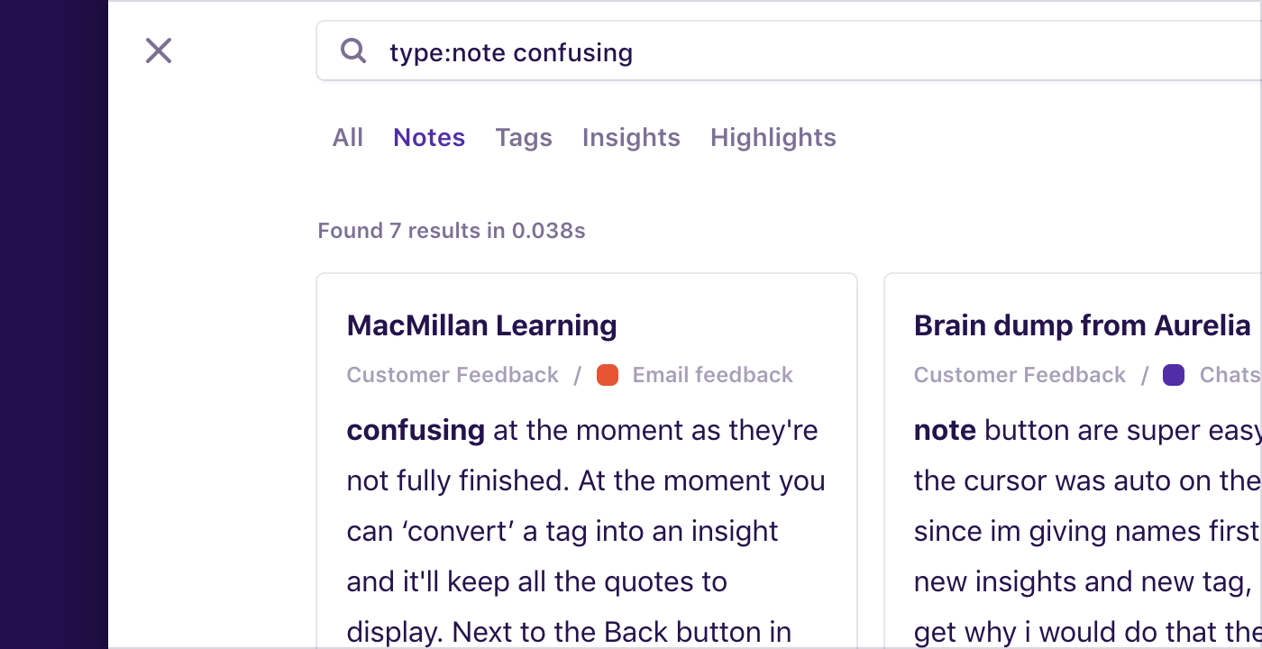 Screenshot of search inside of notes in Dovetail.