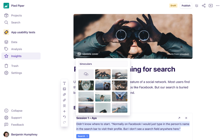 Screenshot showing the cover image search with Unsplash.