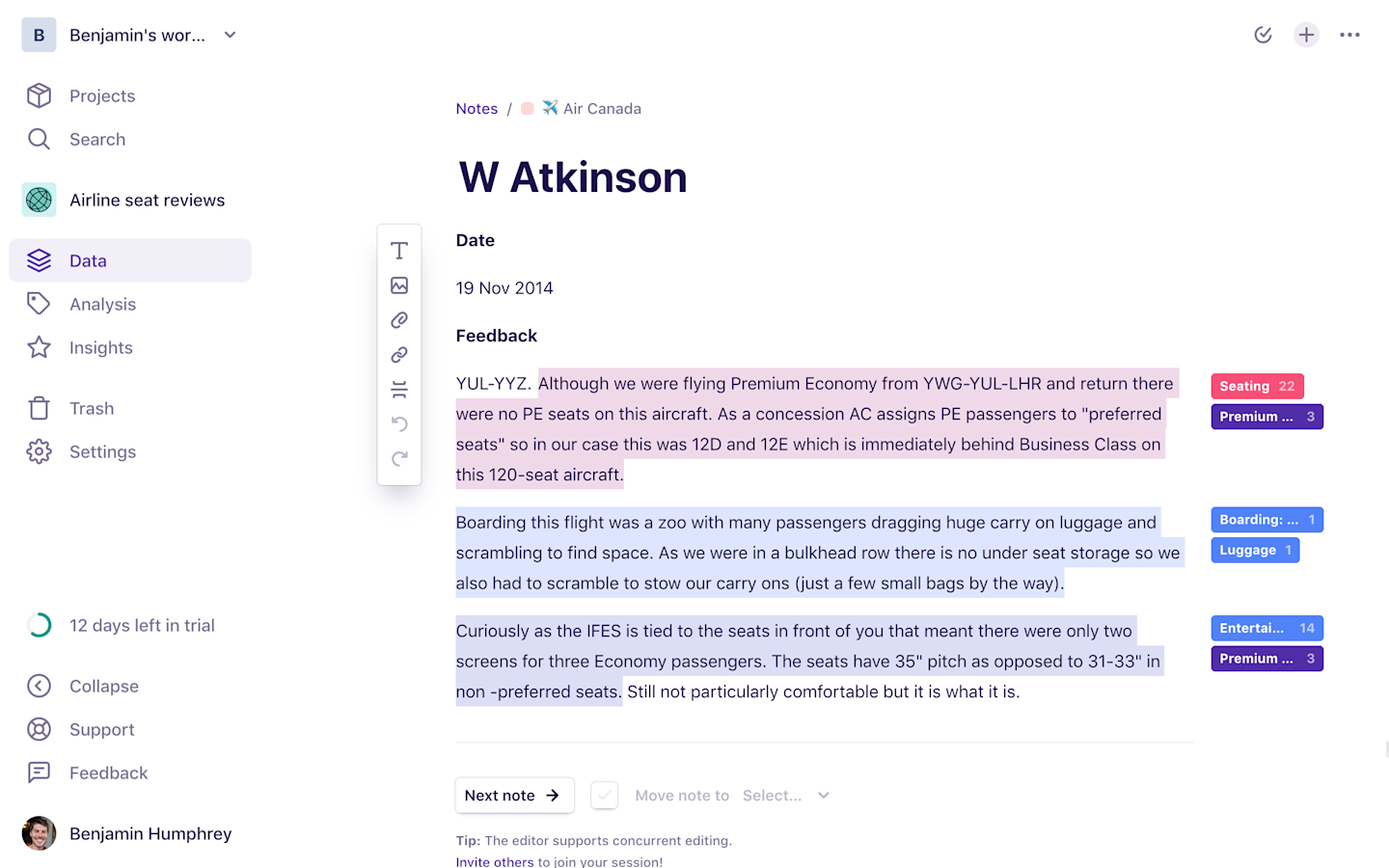 A screenshot of Dovetail showing a piece of feedback with associated tags.