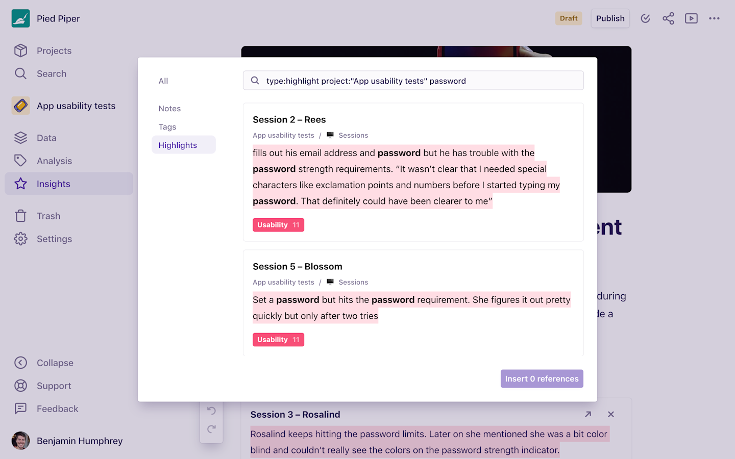 Screenshot of the insight reference insert dialog.