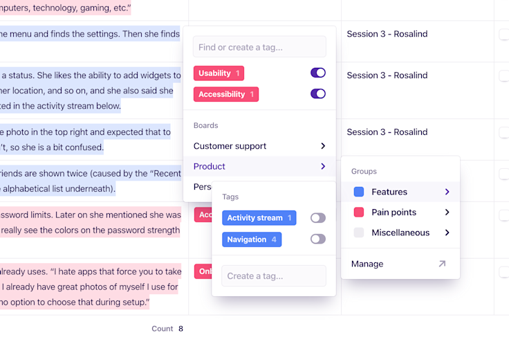 Screenshot of the new highlighter from the highlights view in Dovetail.