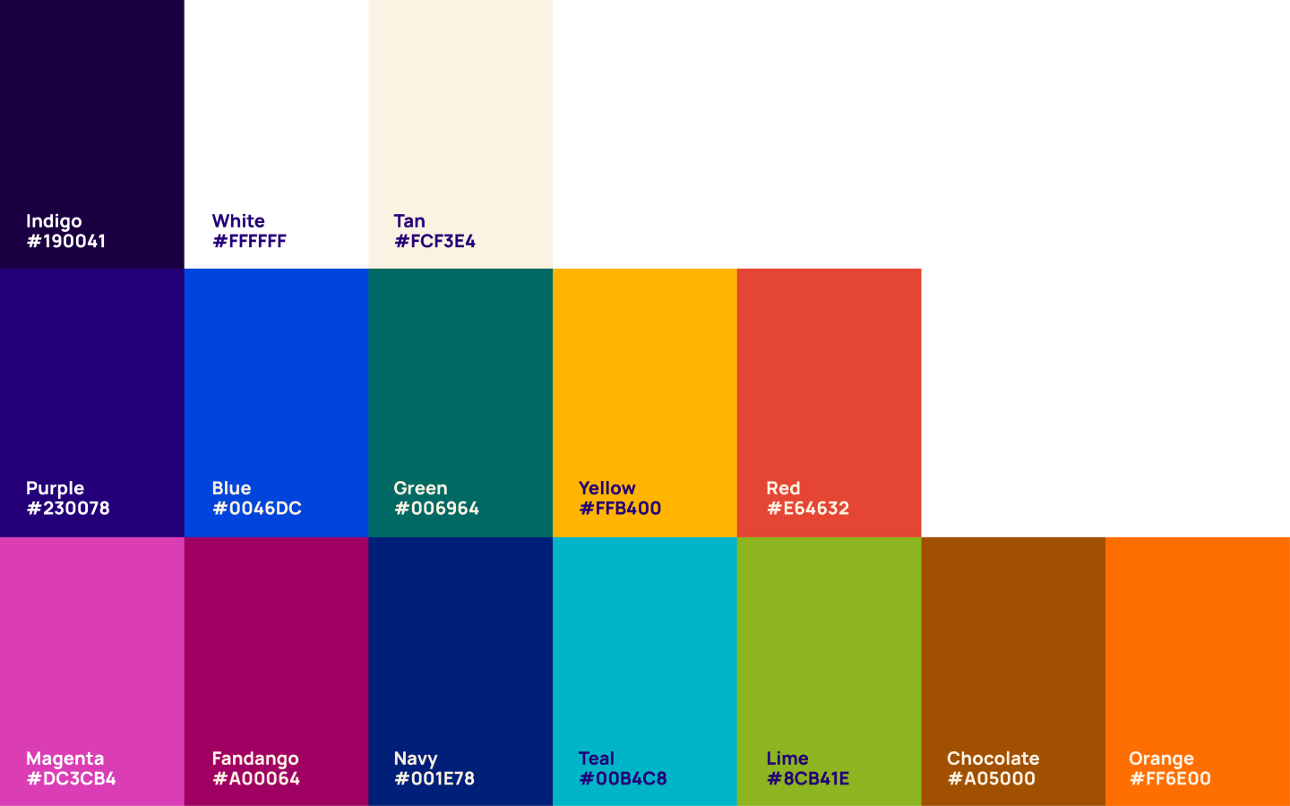 Our new color palette is divided into three types—neutrals, primary, and secondary. Our favorite you ask? Fandango!