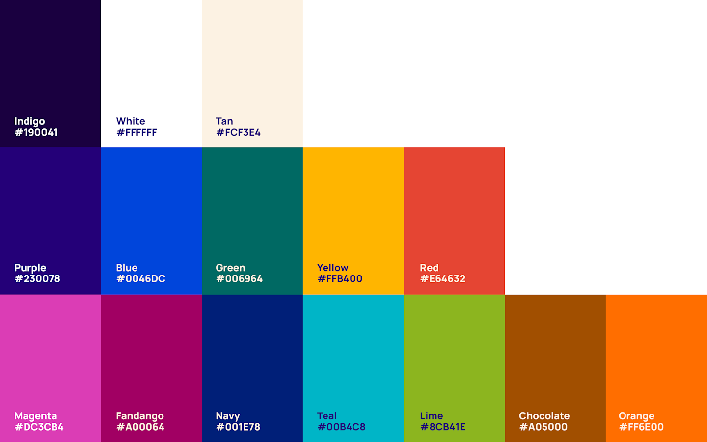 Our new color palette is divided into three types—neutrals, primary, and secondary. Our favorite you ask? Fandango!