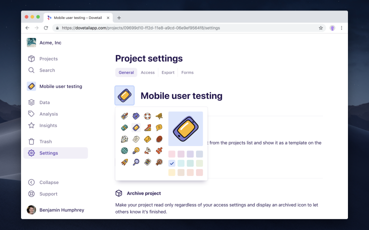 Screenshot of project icons in Dovetail.