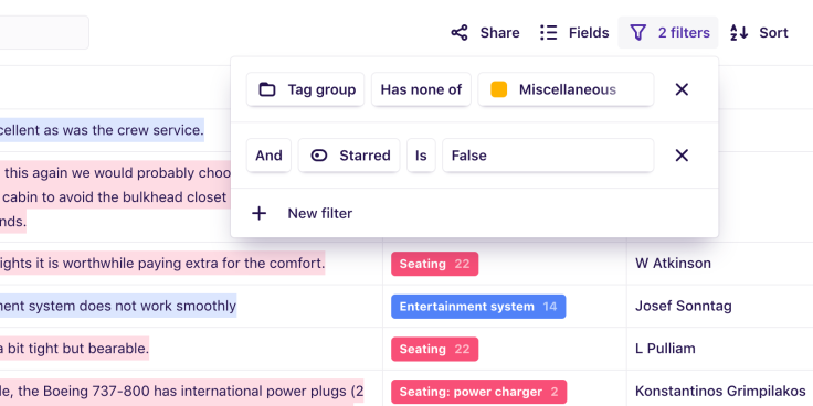 Screenshot of filtering by tag group in Dovetail.