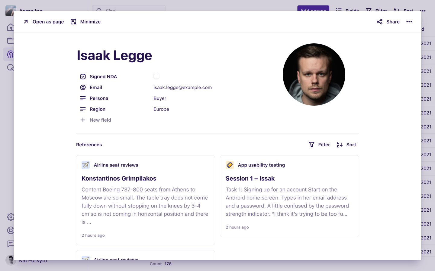 A screenshot of a person's profile in Dovetail.