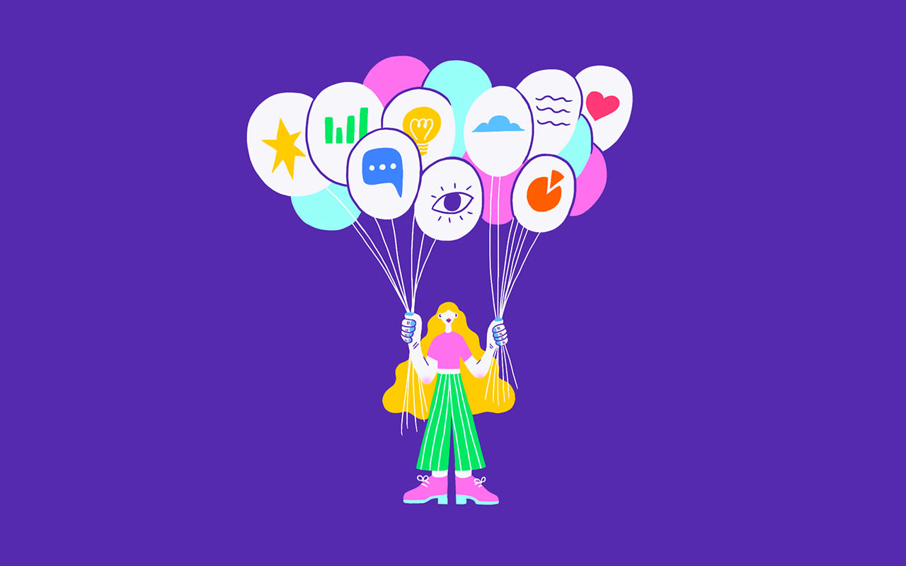 Illustration of a person holding a bunch of balloons. 