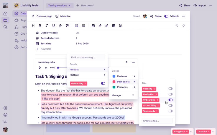 Screenshot of tagging a recorded usability test in Dovetail.