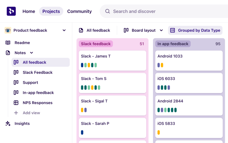 Visualize your different types of product feedback with board layout.