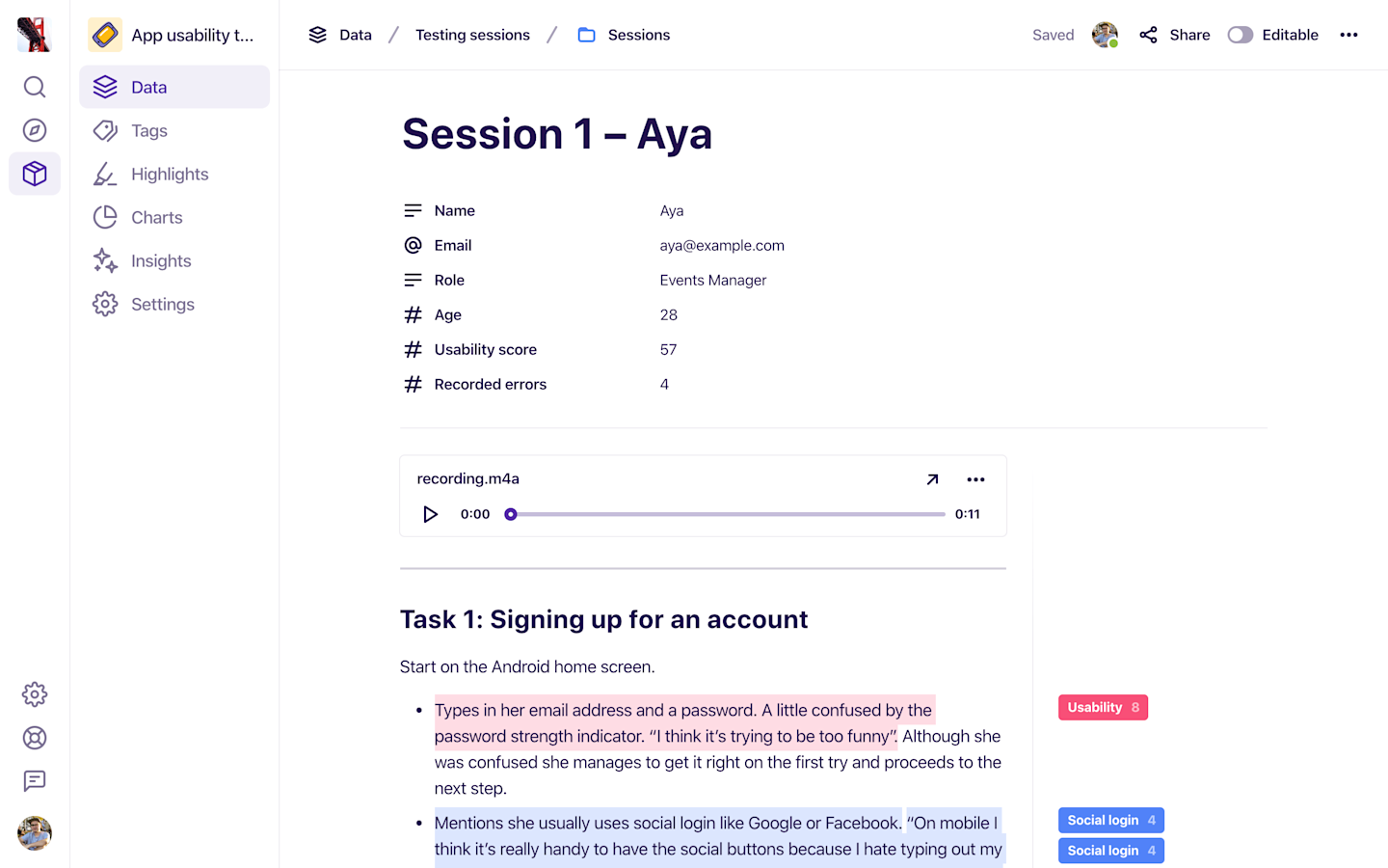 Example of fields being used for a usability test in Dovetail.