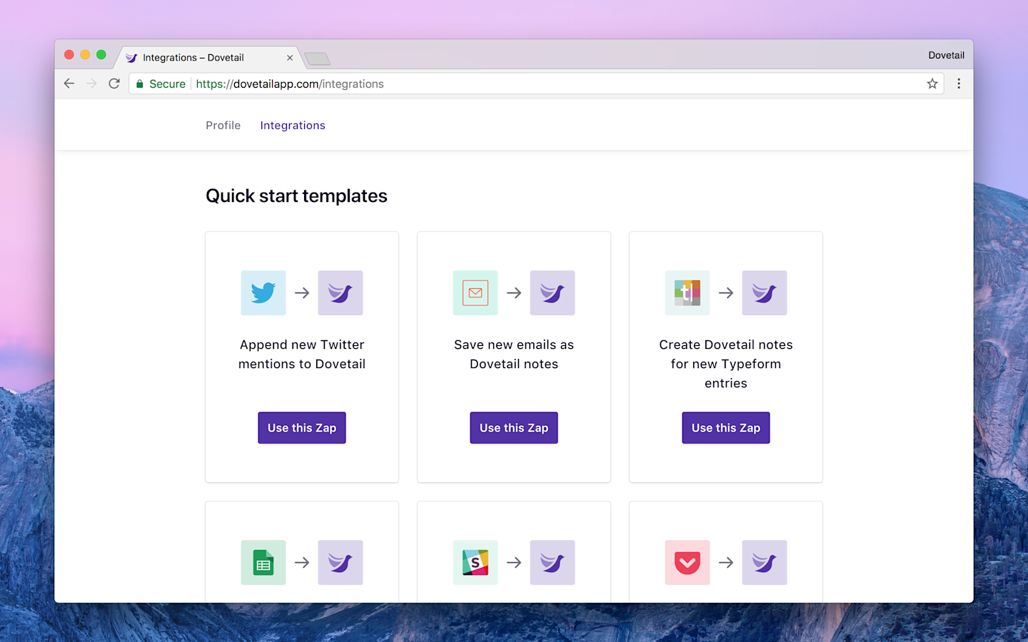 Screenshot of Zapier templates available in Dovetail.