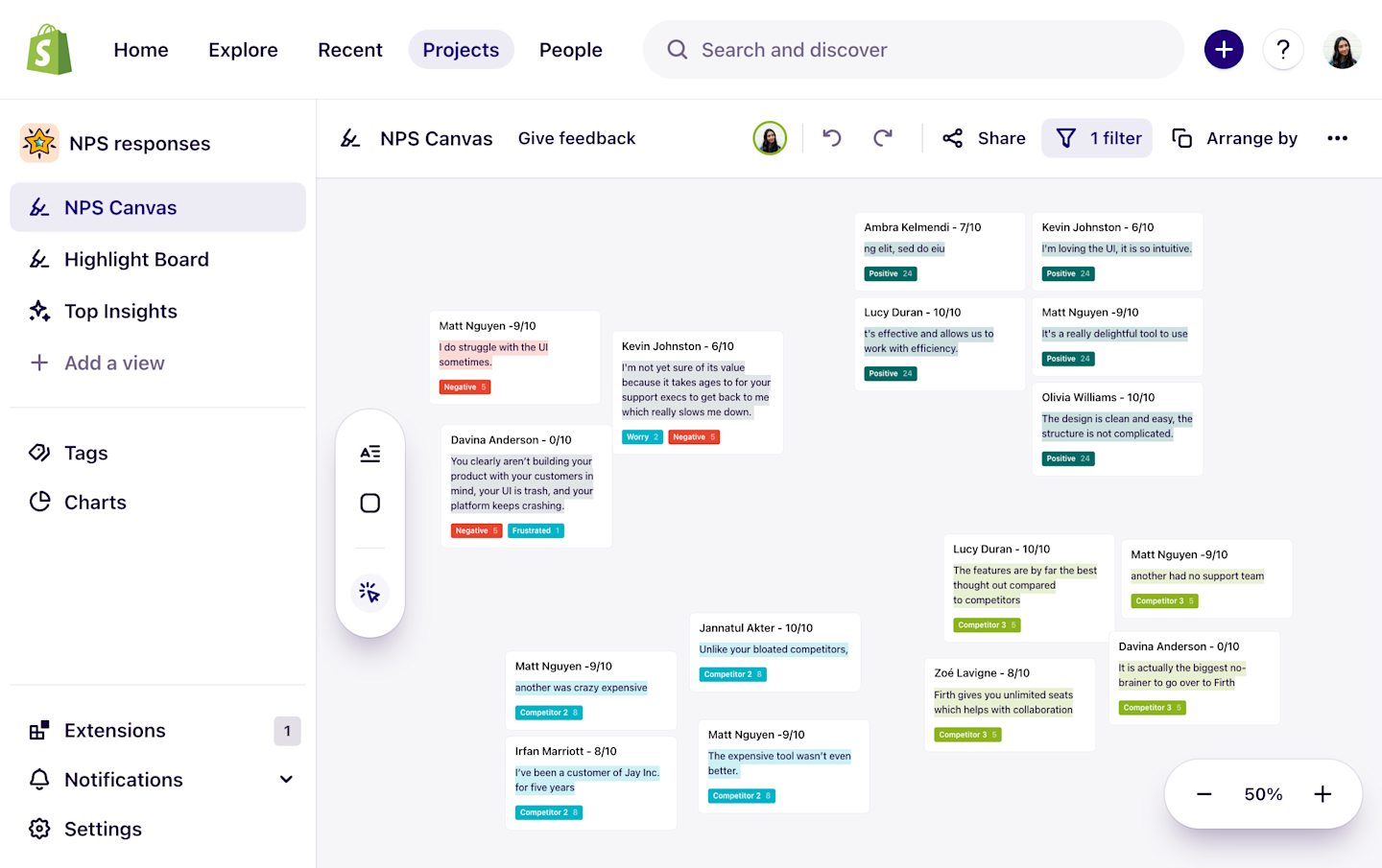 Dovetail’s canvas view allows researchers to affinity map collaboratively, synthesize themes, and uncover insights.