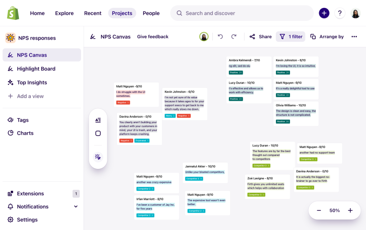 Dovetail’s canvas view allows researchers to affinity map collaboratively, synthesize themes, and uncover insights.