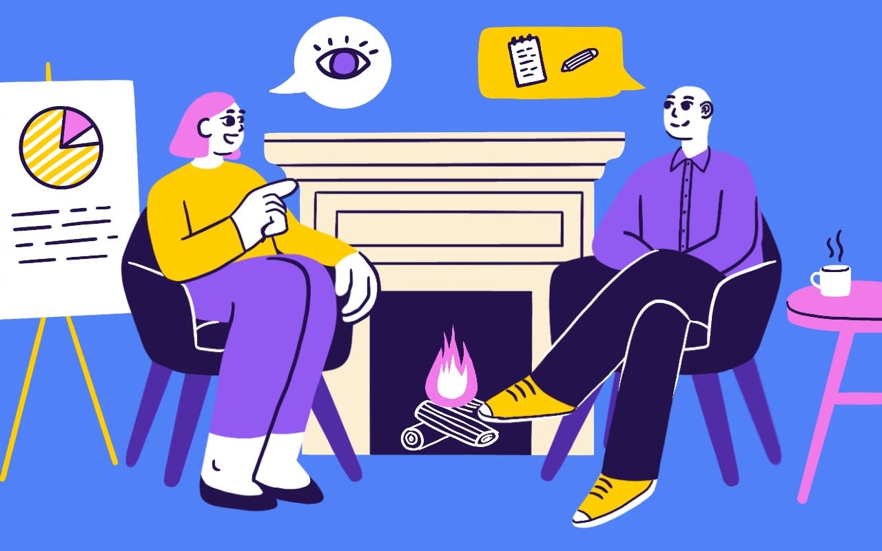 Illustration of Dovetails's Jess Nichols and Academy Xi's Eric Lutley sitting down to chat about qualitative research.