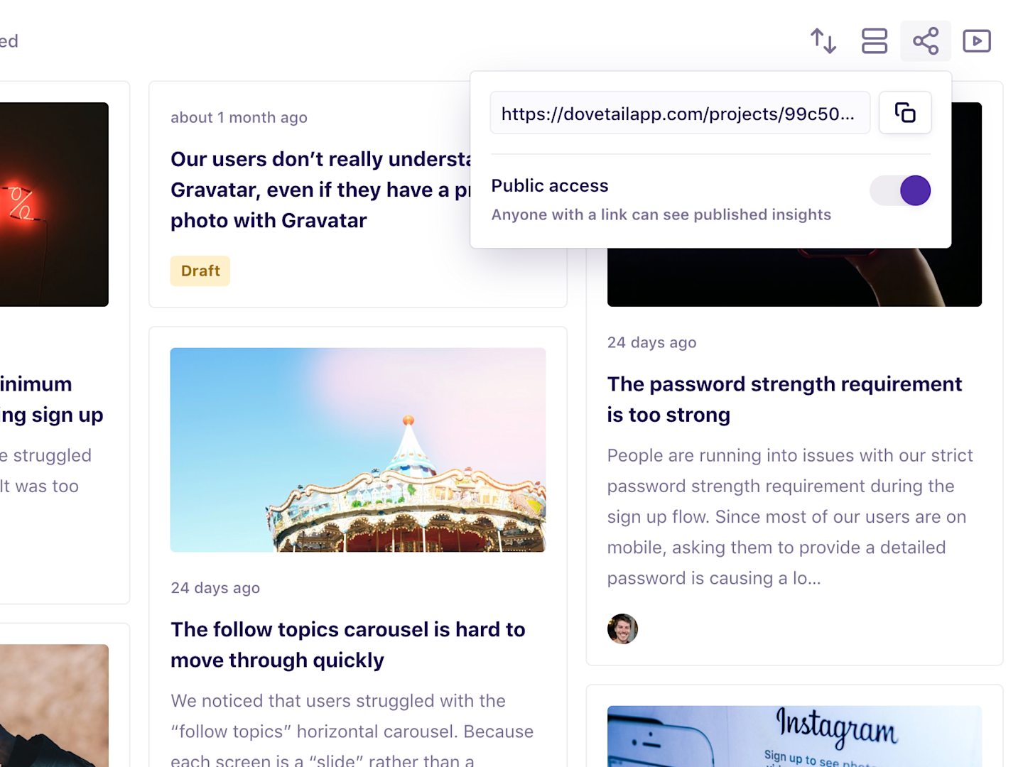 Screenshot of the share dialog for insights.