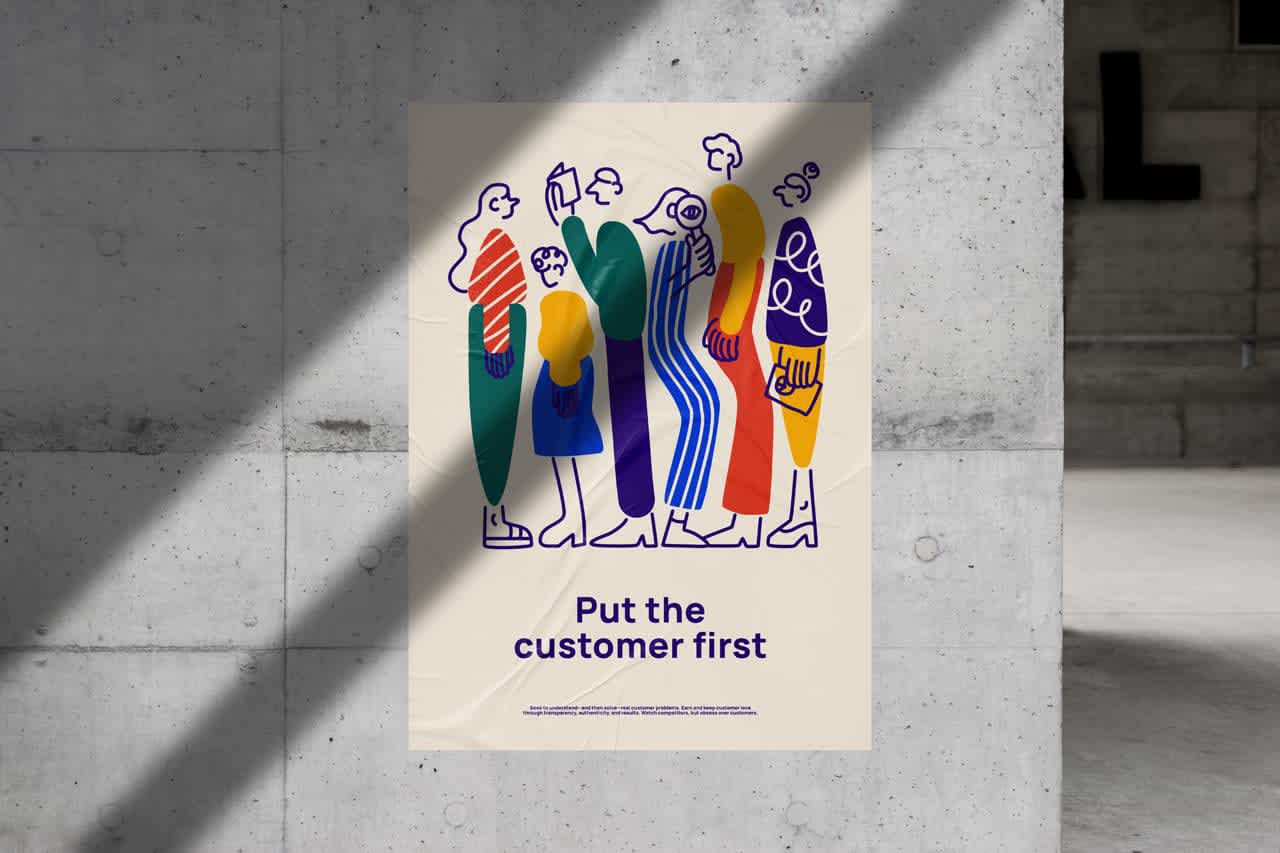 “Put the customer first” is one of five new Dovetail values. These posters are fun and kooky, making it easy to remember and embed in our daily Dovetail life.