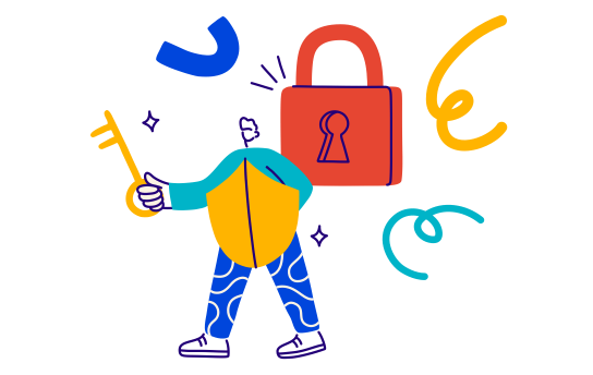 Illustrated character protecting secured data with a shield and key. 
