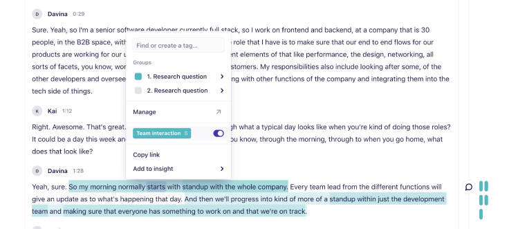 An example of highlighting an entire paragraph with the “team interactions” tag.