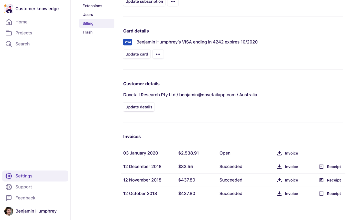 Customers can now download their own invoices in Dovetail’s billing screen.