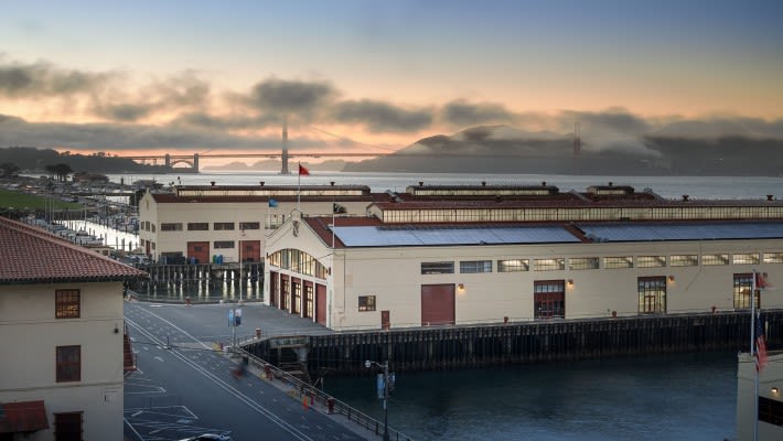 The beautiful Gateway Pavilion at Fort Mason, complete with views of the Golden Gate Bridge.
