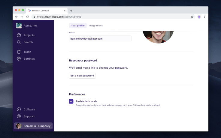 Screenshot of dark mode in Dovetail.