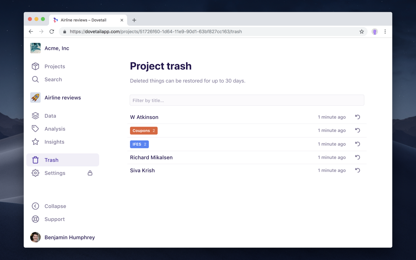 Screenshot of project trash in Dovetail.